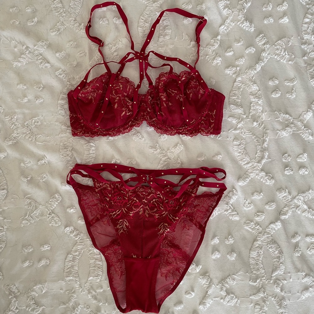 Strappy Red & Gold Unlined Lacy Lingerie Set